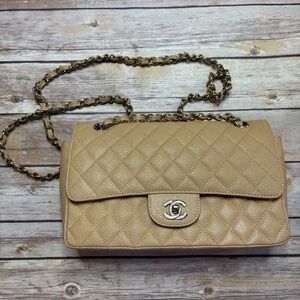 Chanel Classic Double Flap bag beige quilted Caviar leather